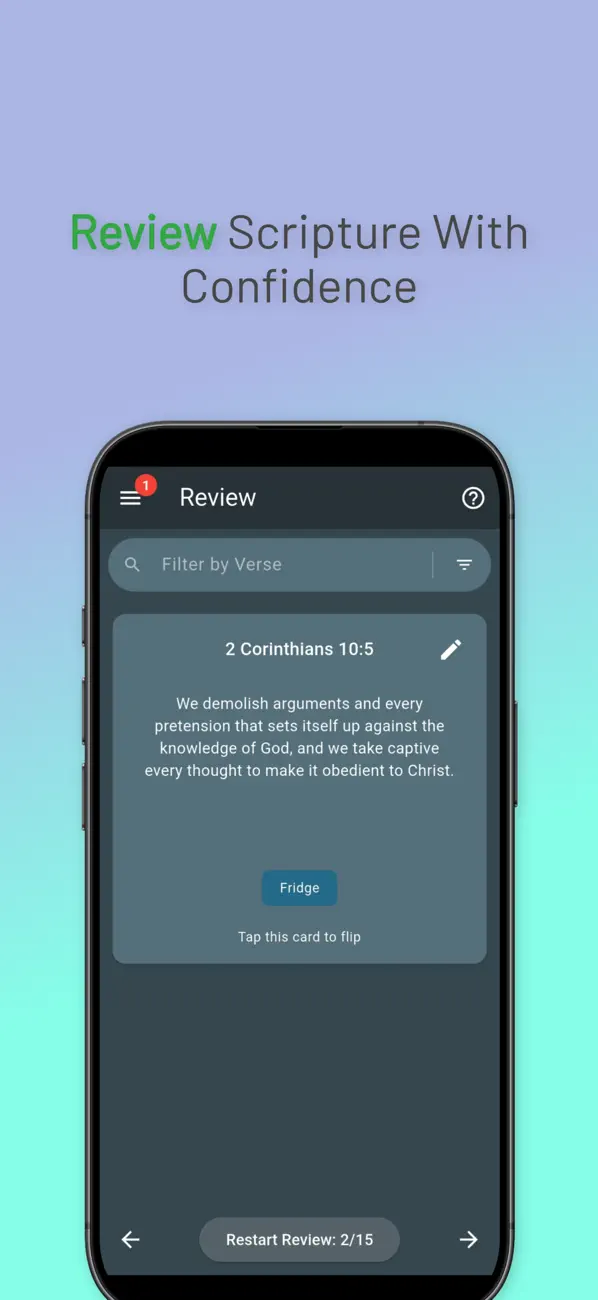 Review screen with a verse flashcard