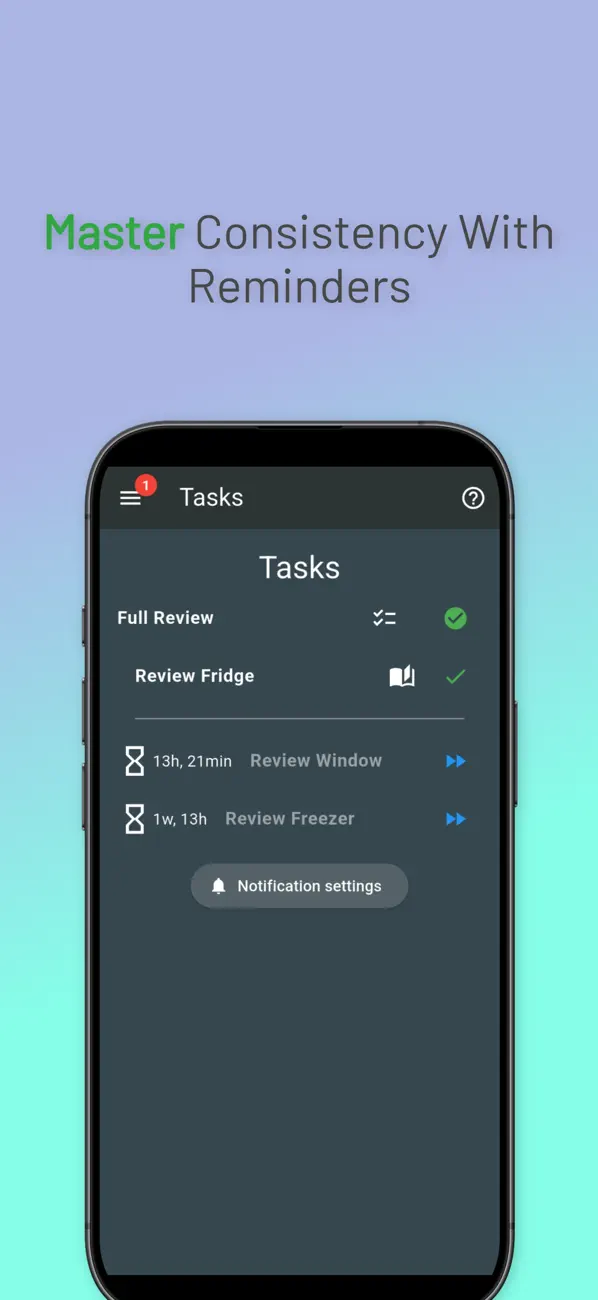 Tasks screen with review reminders