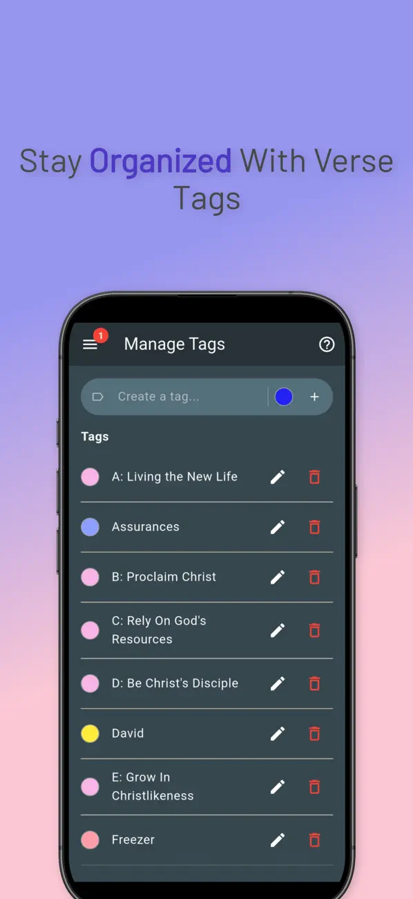 Manage tags screen with topical verse tags